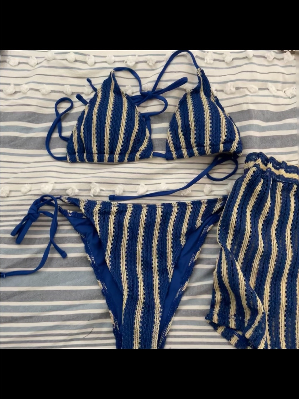 Striped Blue and Cream Crochet Bikini Set